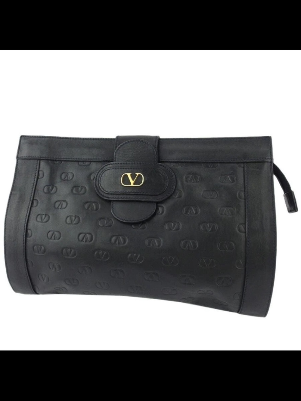 Valentino Garavani Black Leather Embossed Logo Clutch with Gold V Hardware